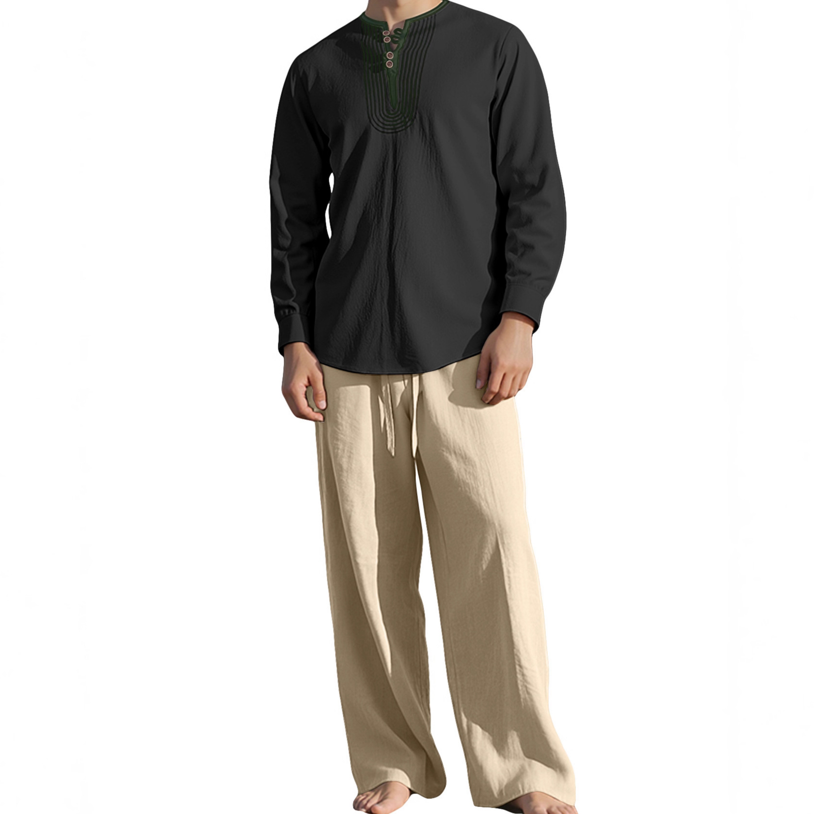 Ensemble chemise à manches longues et pantalon décontracté en lin pour homme - Coupe décontractée et respirante NDF-00032