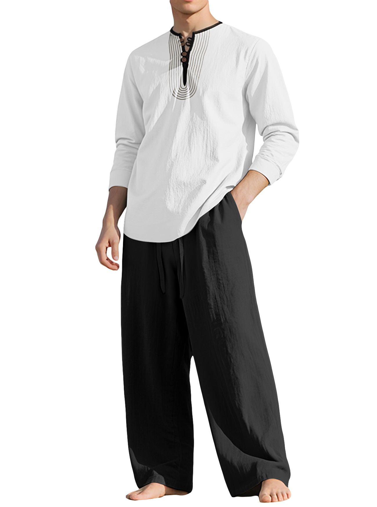 Ensemble chemise à manches longues et pantalon décontracté en lin pour homme - Coupe décontractée et respirante NDF-00032