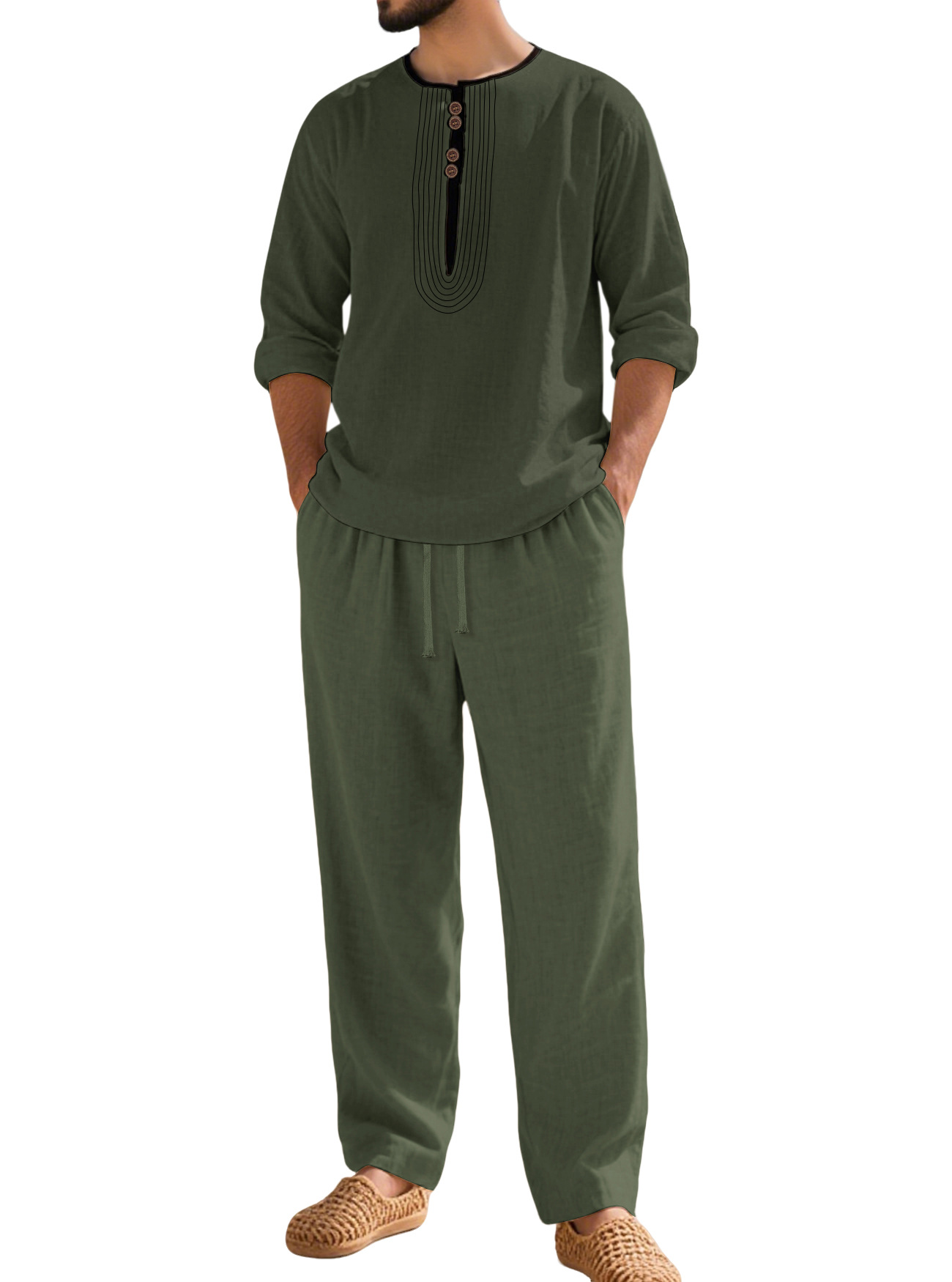 Ensemble chemise Henley en coton et lin - Tenue de plage décontractée pour homme NDF-00033