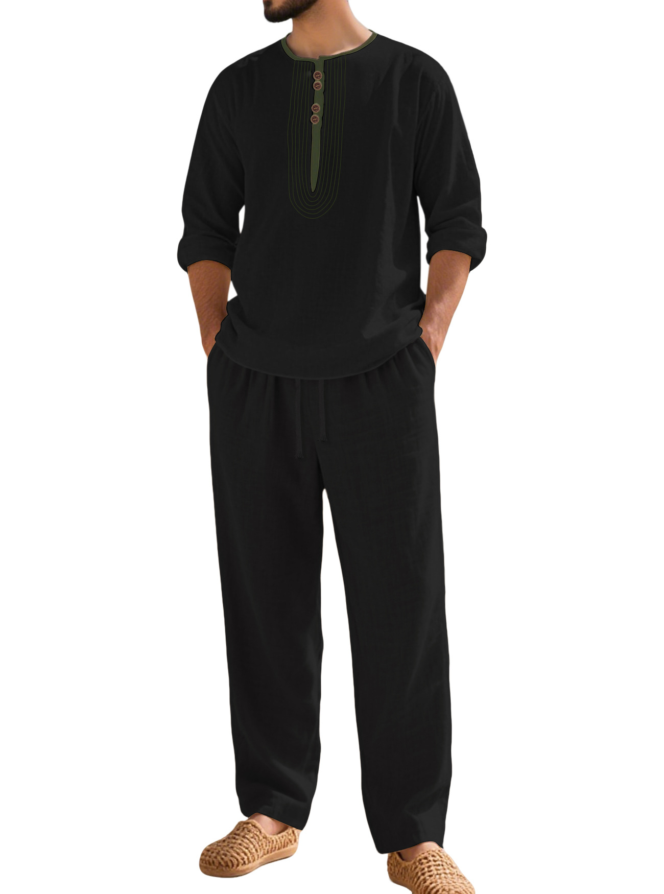 Ensemble chemise Henley en coton et lin - Tenue de plage décontractée pour homme NDF-00033