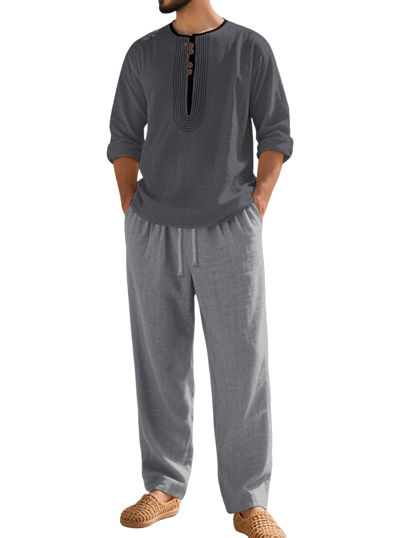 Ensemble chemise Henley en coton et lin - Tenue de plage décontractée pour homme NDF-00033