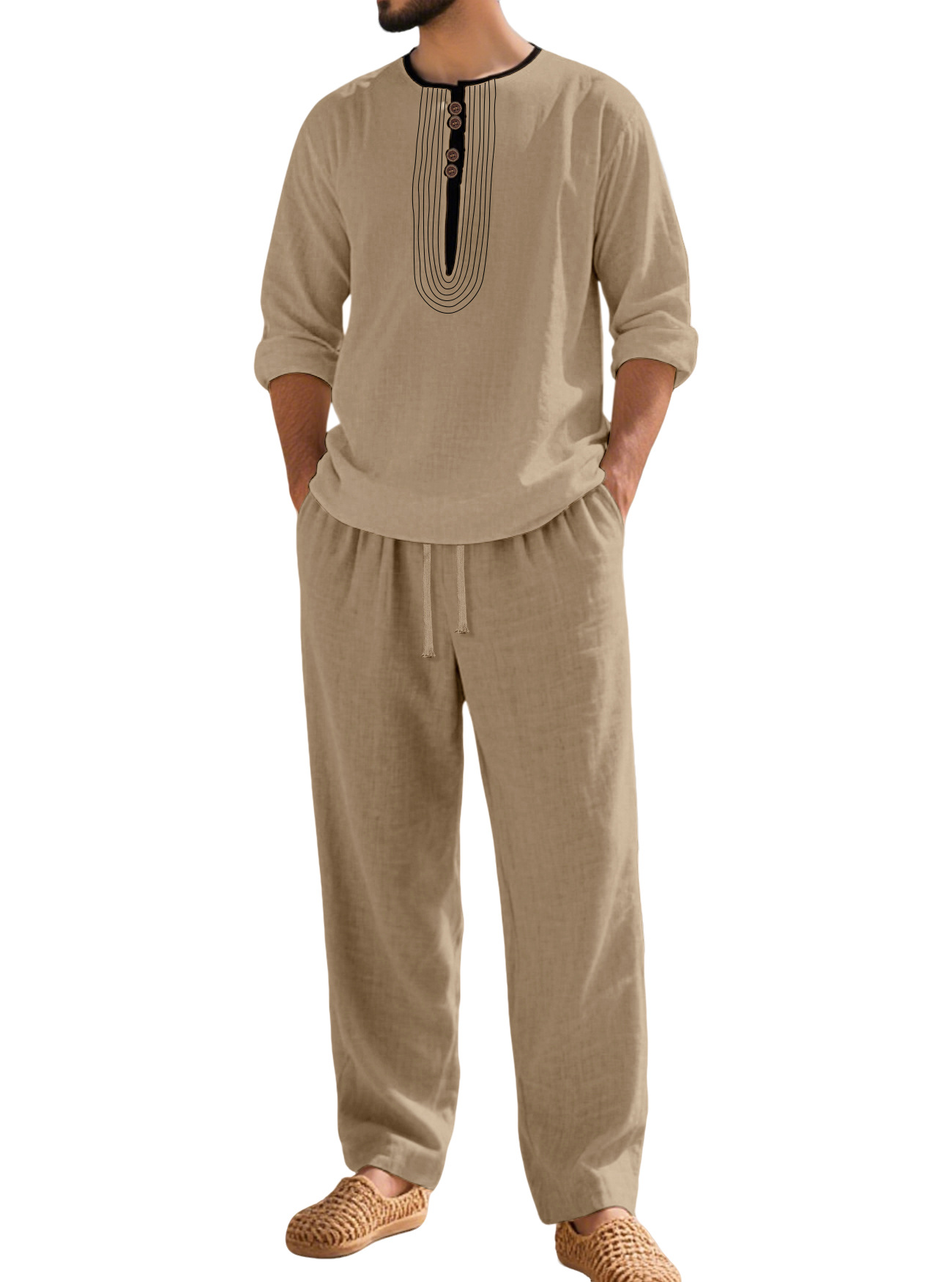 Ensemble chemise Henley en coton et lin - Tenue de plage décontractée pour homme NDF-00033