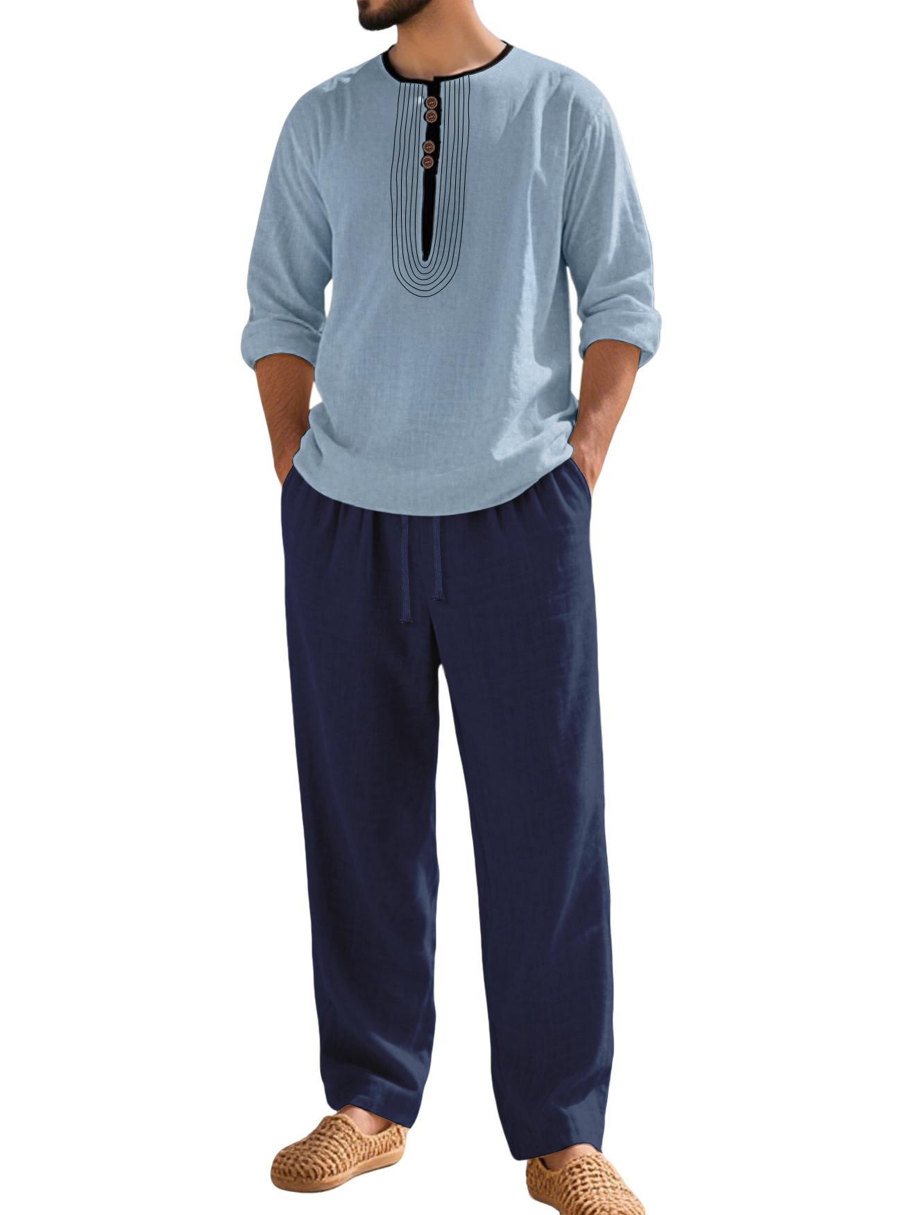 Ensemble chemise Henley en coton et lin - Tenue de plage décontractée pour homme NDF-00033