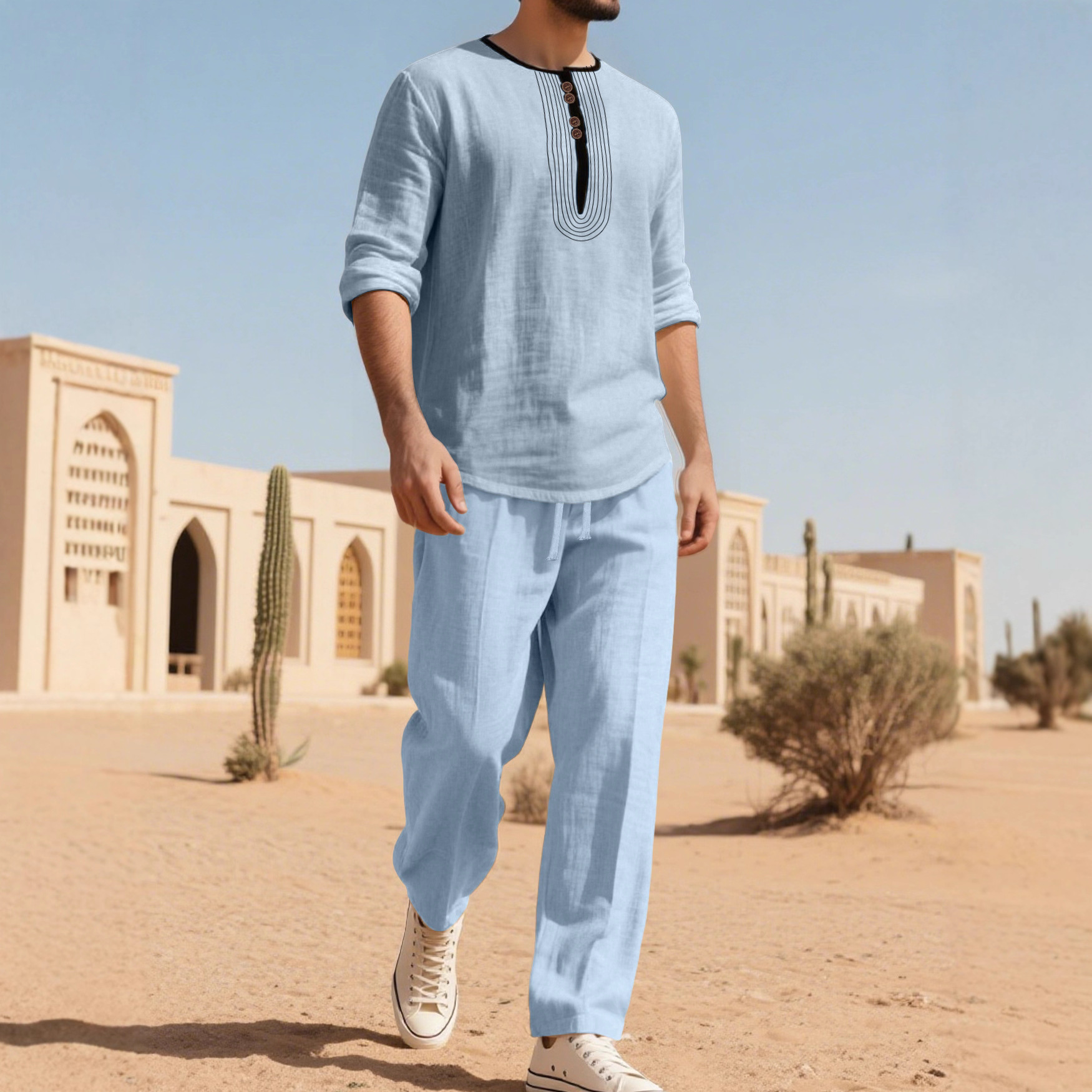 Ensemble chemise Henley en coton et lin - Tenue de plage décontractée pour homme NDF-00033