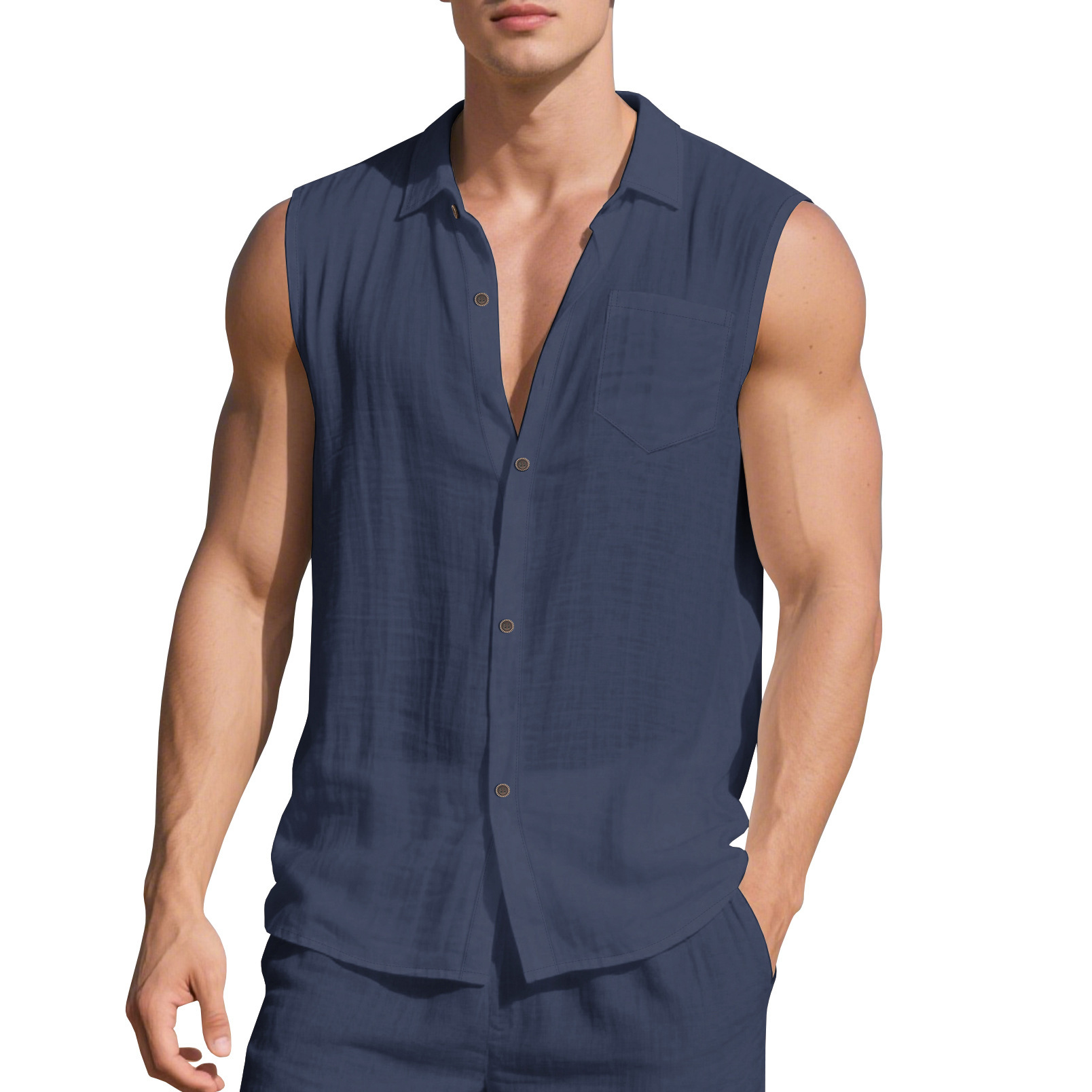 Chemise sans manches en lin pour homme, cardigan décontracté d'été pour la plage NDF-00034