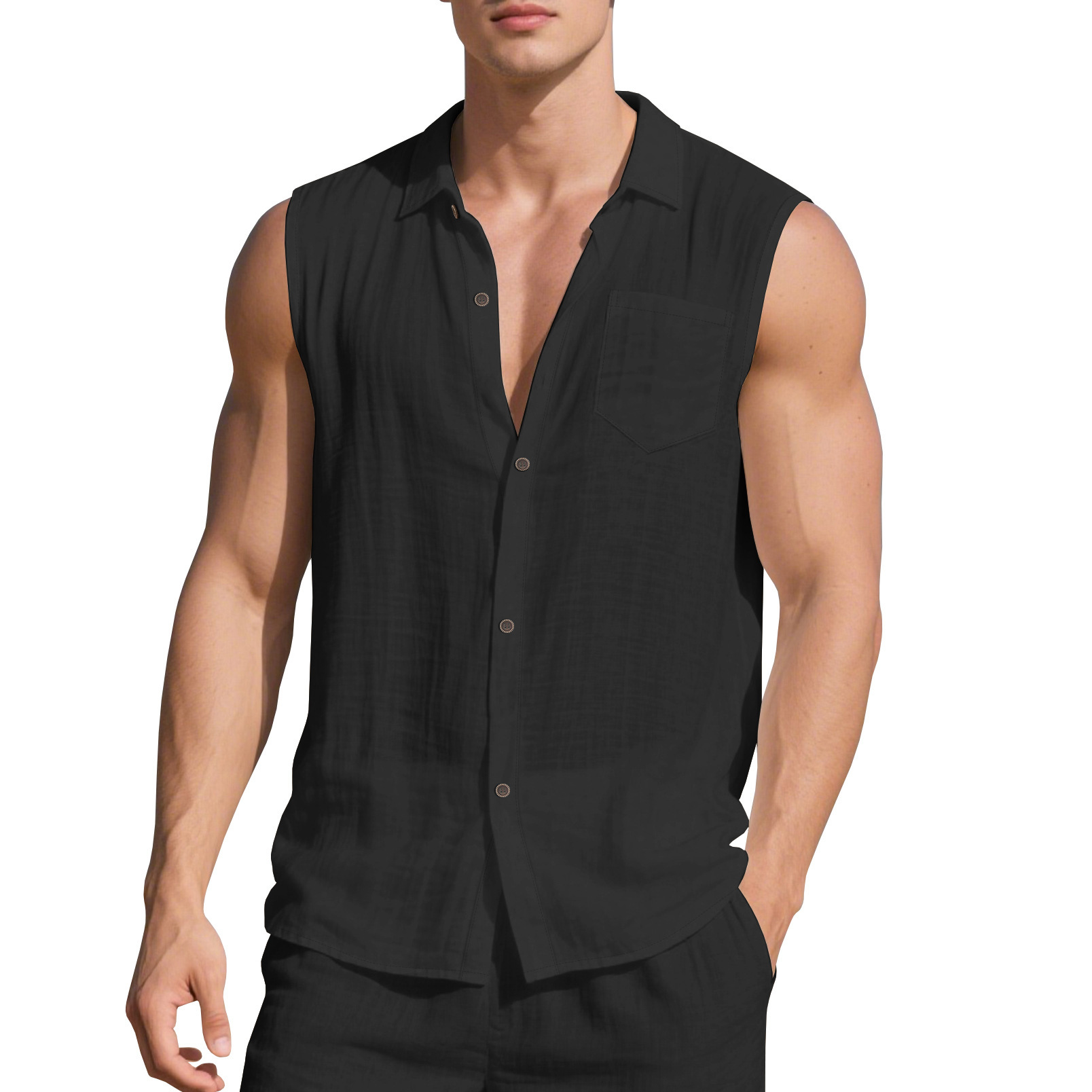 Chemise sans manches en lin pour homme, cardigan décontracté d'été pour la plage NDF-00034