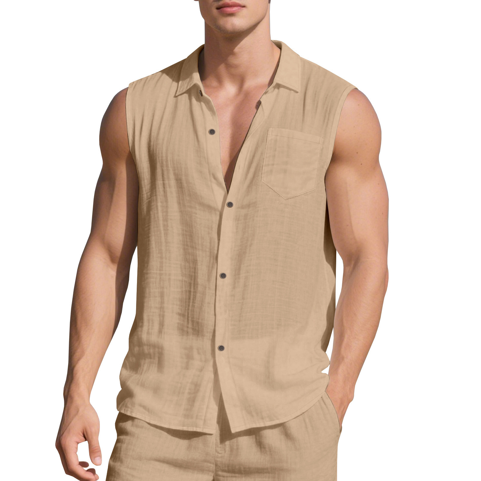 Chemise sans manches en lin pour homme, cardigan décontracté d'été pour la plage NDF-00034