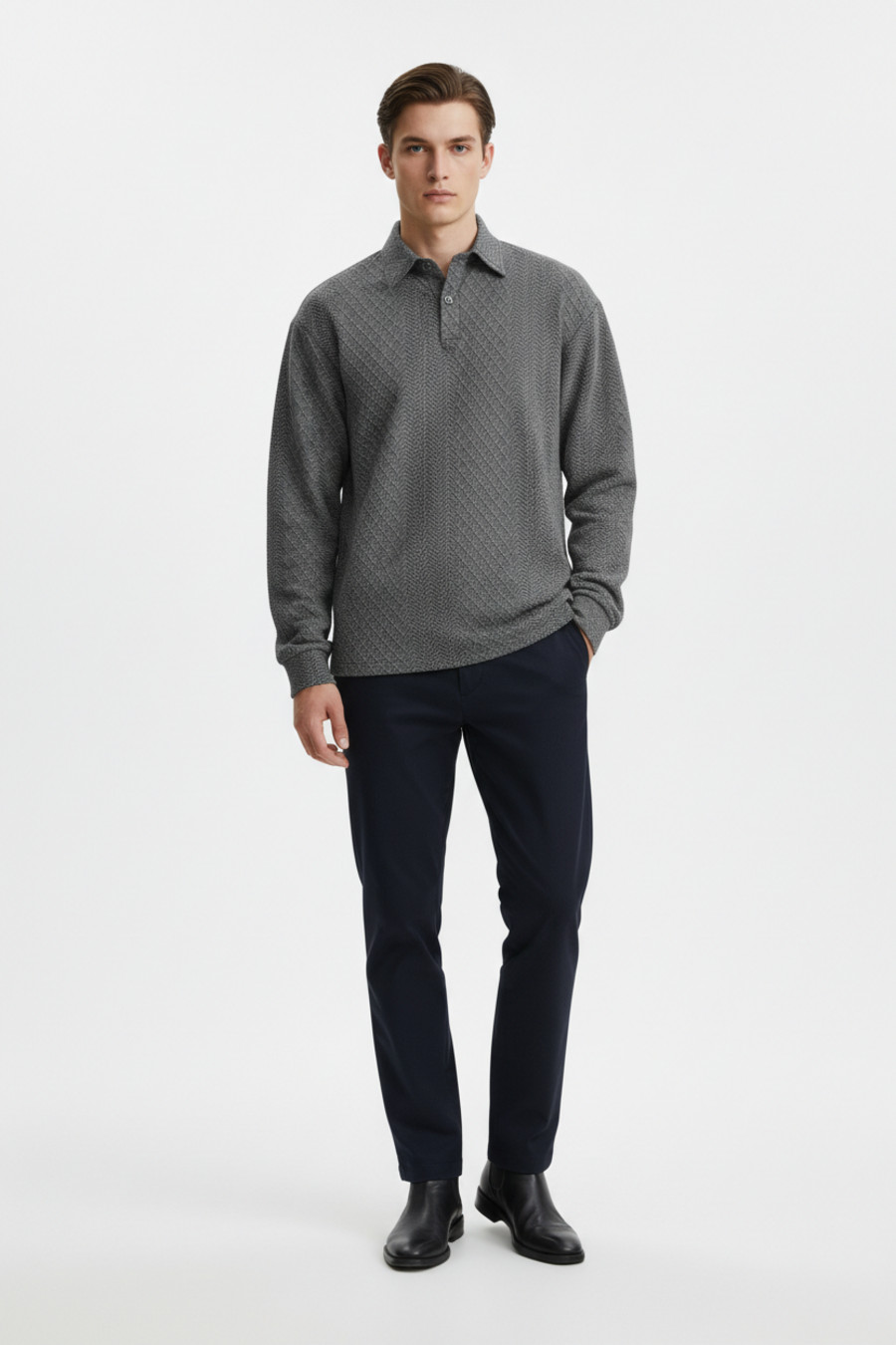Textured Knit Polo Shirt - Long Sleeve Relaxed Fit NDF-00011
