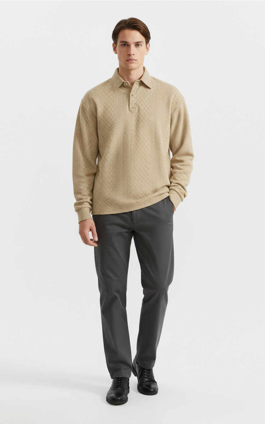 Textured Knit Polo Shirt - Long Sleeve Relaxed Fit NDF-00011