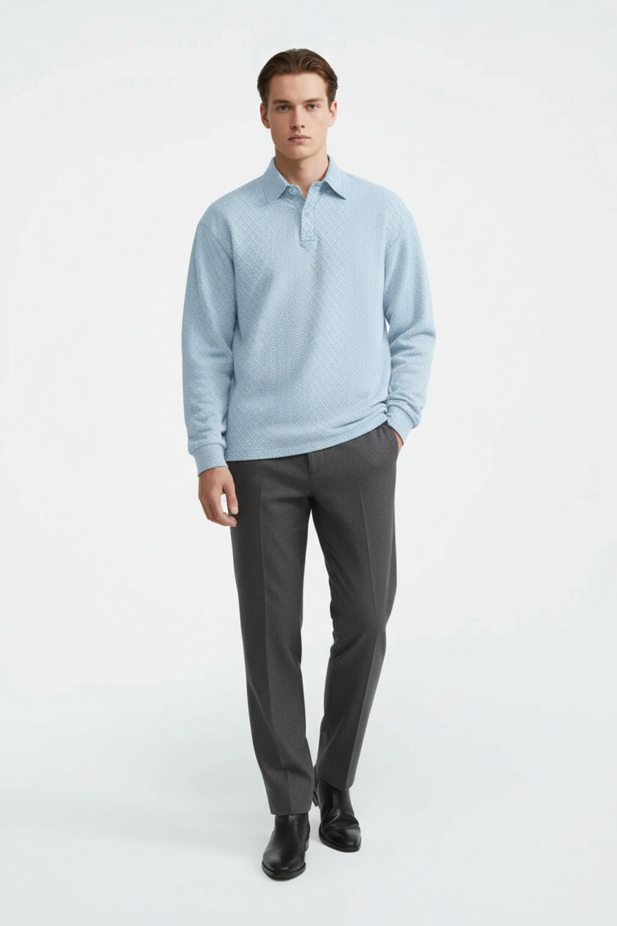 Textured Knit Polo Shirt - Long Sleeve Relaxed Fit NDF-00011