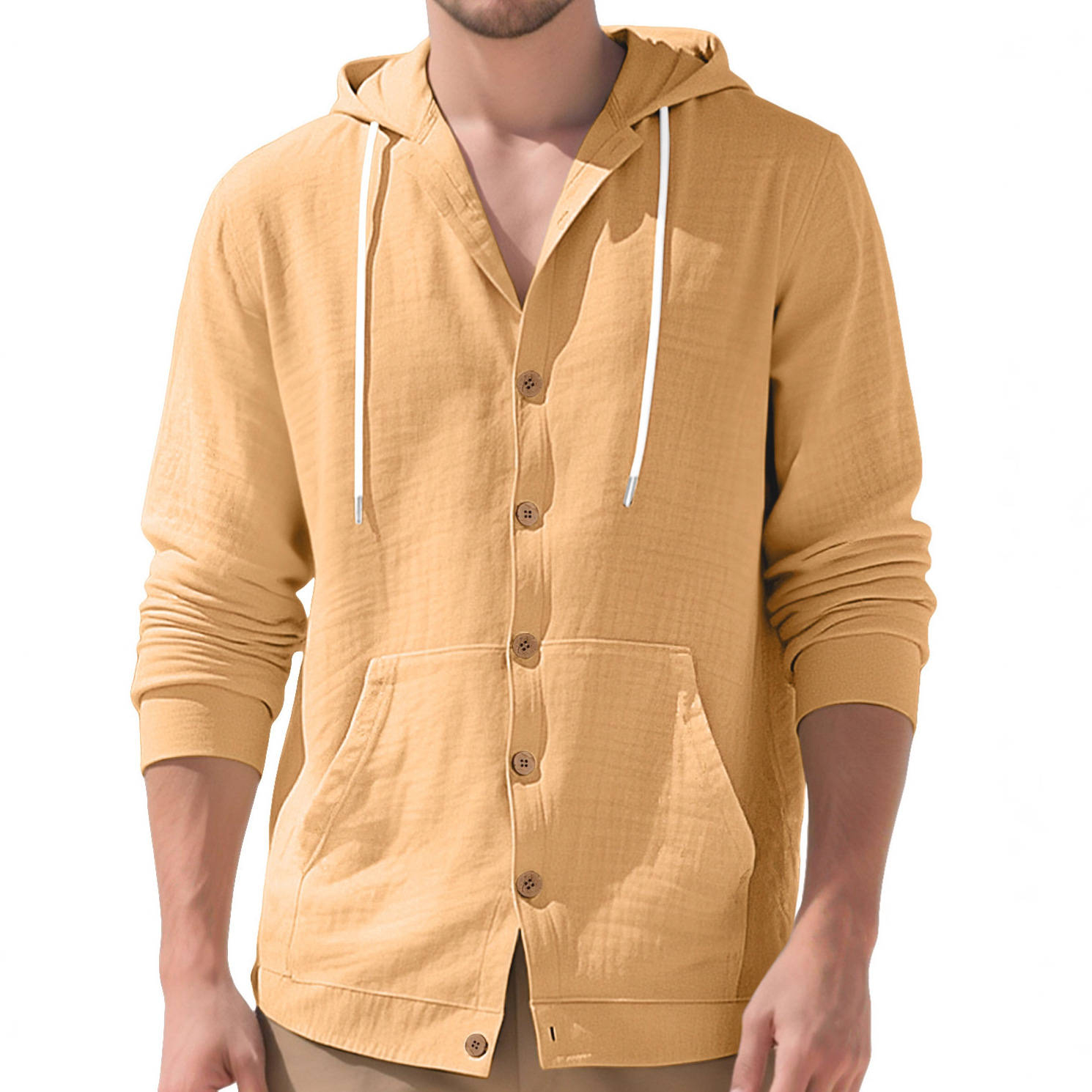 Cotton Linen Long Sleeve Button Down Hooded Shirt Jacket NDF-00005