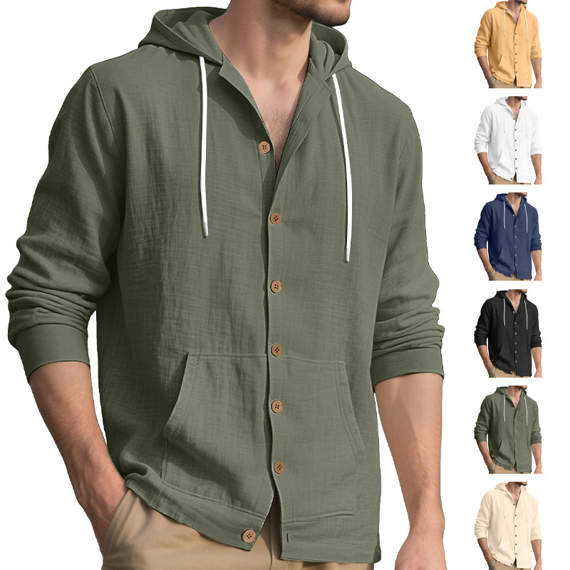 Cotton Linen Long Sleeve Button Down Hooded Shirt Jacket NDF-00005