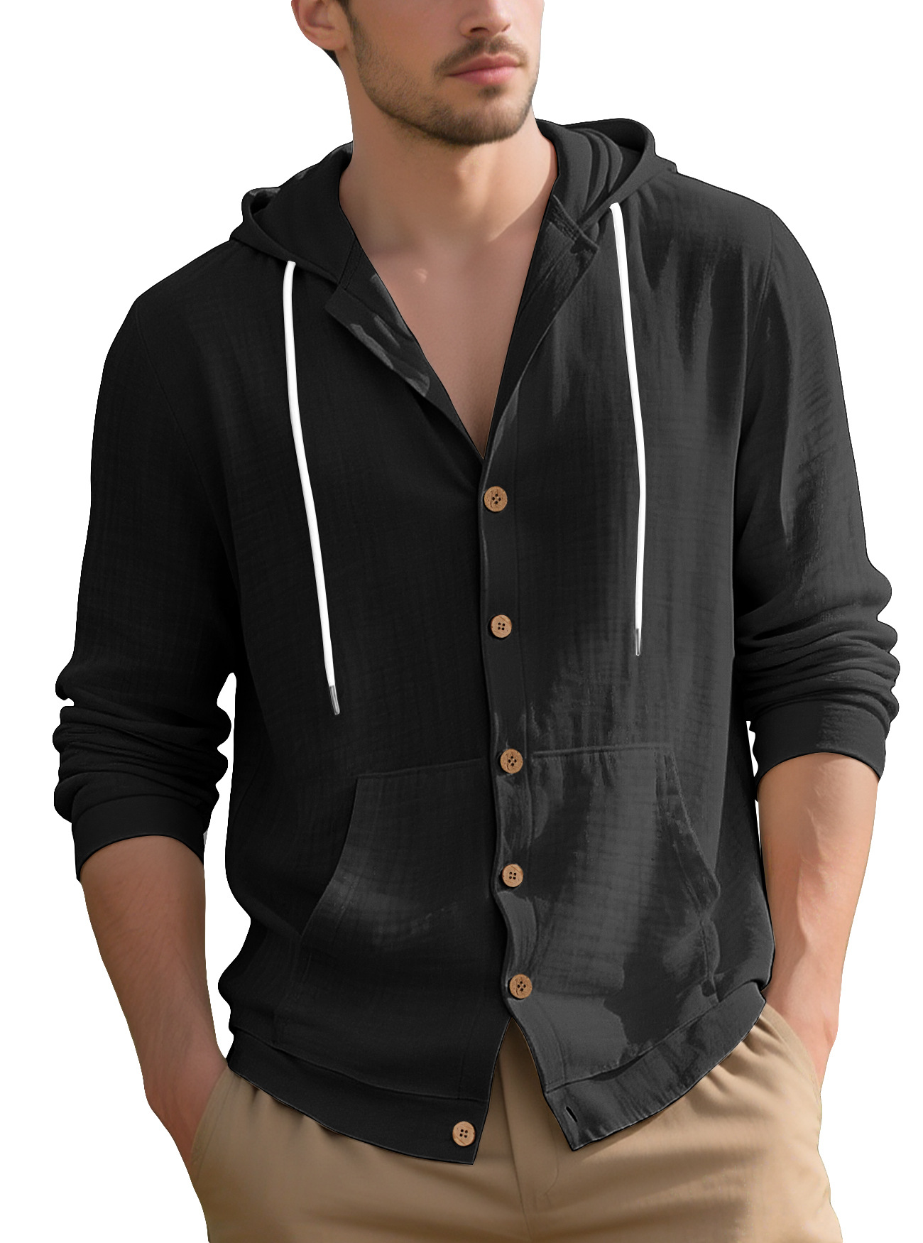 Cotton Linen Long Sleeve Button Down Hooded Shirt Jacket NDF-00005