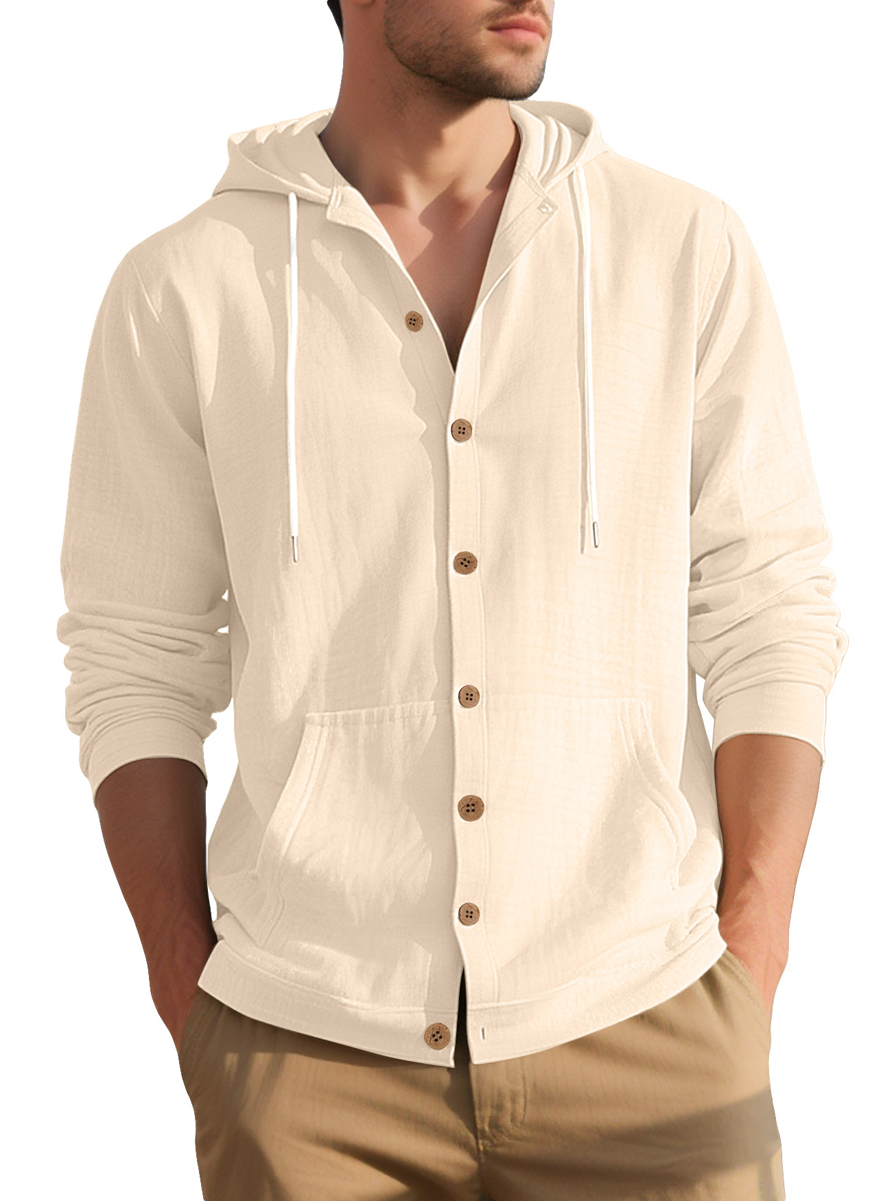 Cotton Linen Long Sleeve Button Down Hooded Shirt Jacket NDF-00005