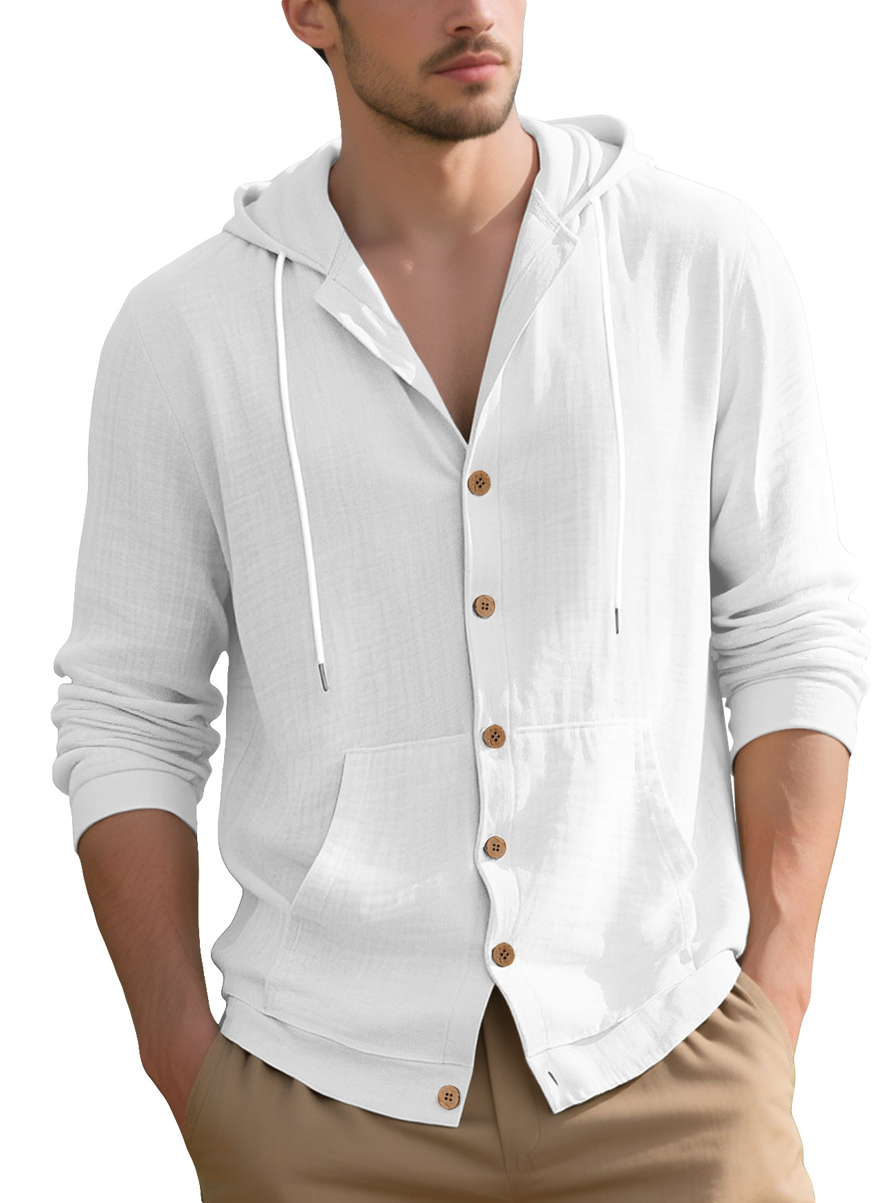 Cotton Linen Long Sleeve Button Down Hooded Shirt Jacket NDF-00005