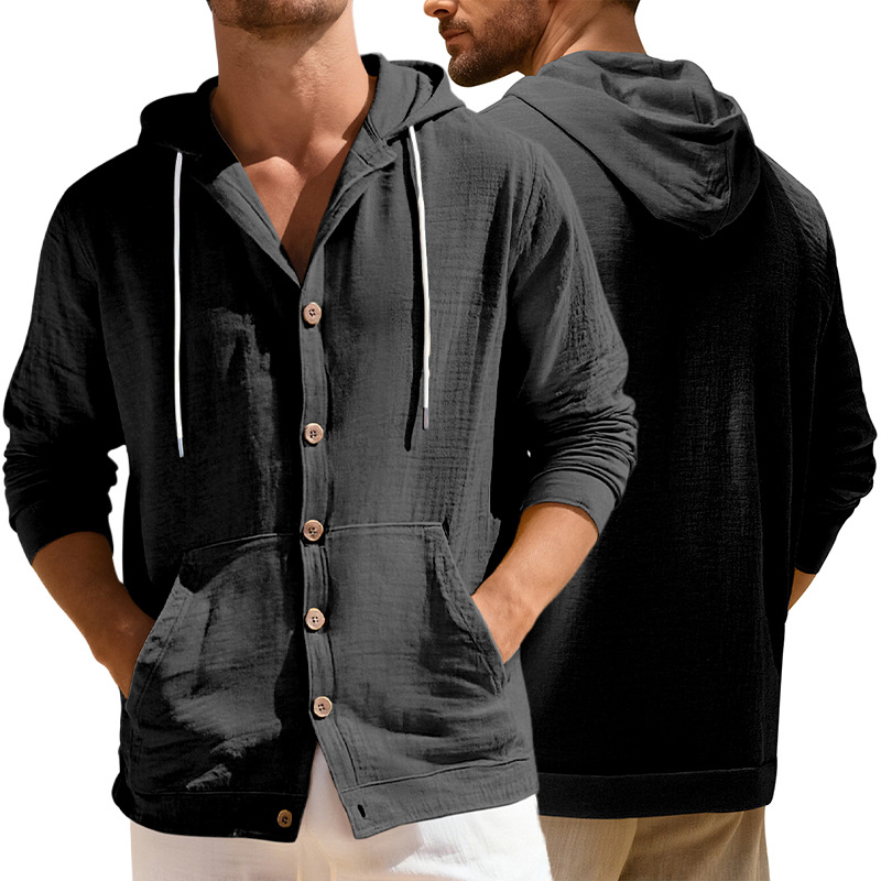 Linen Cotton Button-Down Shirt Casual Long Sleeve Hooded Jacket NDF-00004
