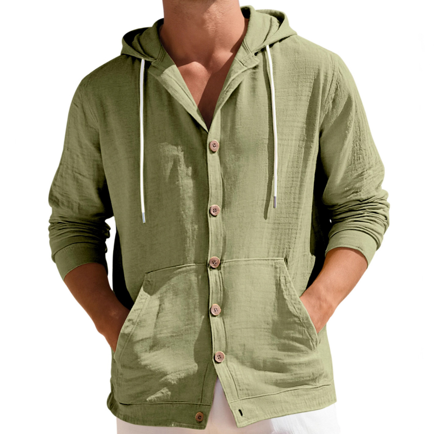 Linen Cotton Button-Down Shirt Casual Long Sleeve Hooded Jacket NDF-00004