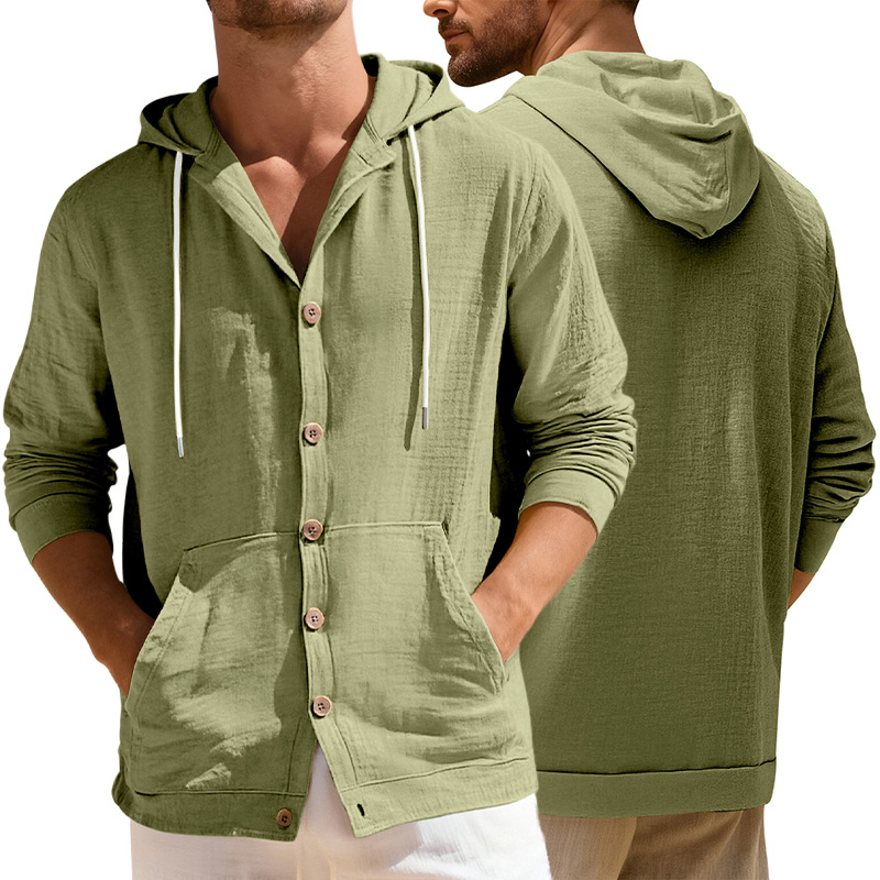 Linen Cotton Button-Down Shirt Casual Long Sleeve Hooded Jacket NDF-00004