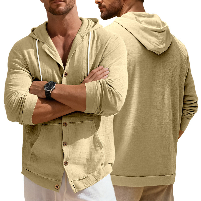Linen Cotton Button-Down Shirt Casual Long Sleeve Hooded Jacket NDF-00004