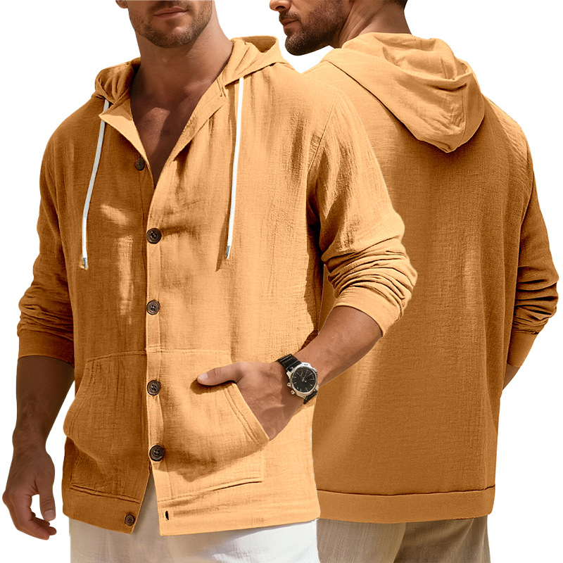 Linen Cotton Button-Down Shirt Casual Long Sleeve Hooded Jacket NDF-00004