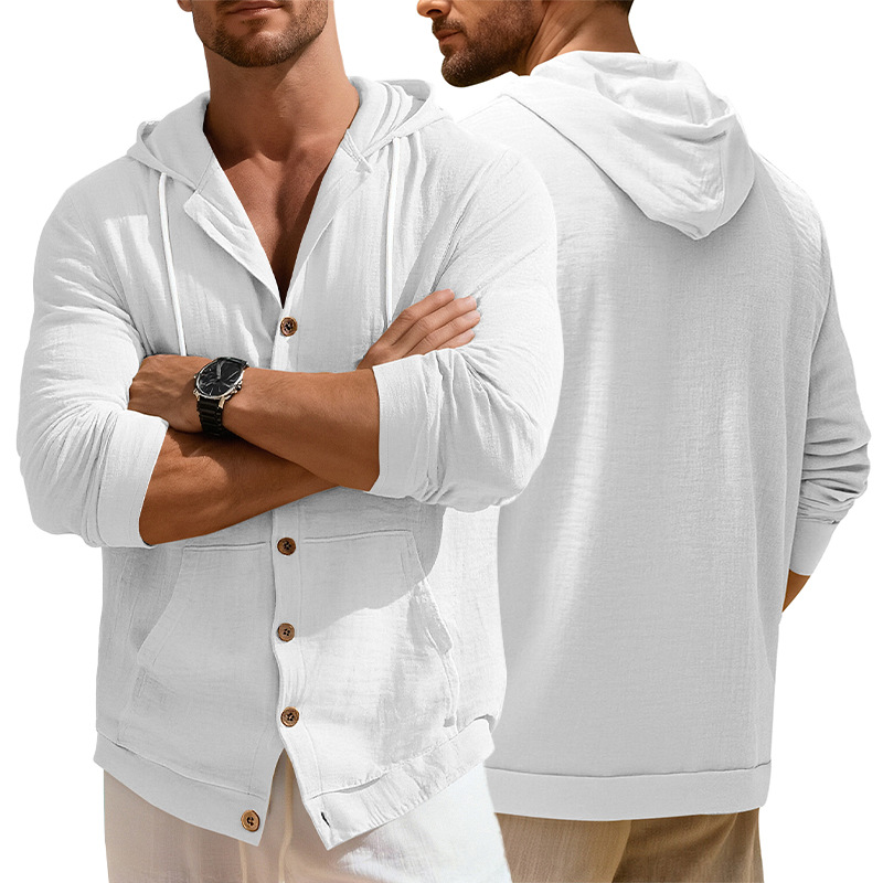 Linen Cotton Button-Down Shirt Casual Long Sleeve Hooded Jacket NDF-00004