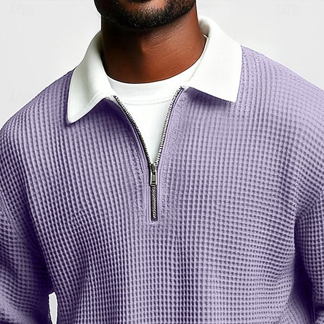 Men's Waffle Knit Long Sleeve Polo Shirt - Casual Autumn Zipper Pullover NDF-00012