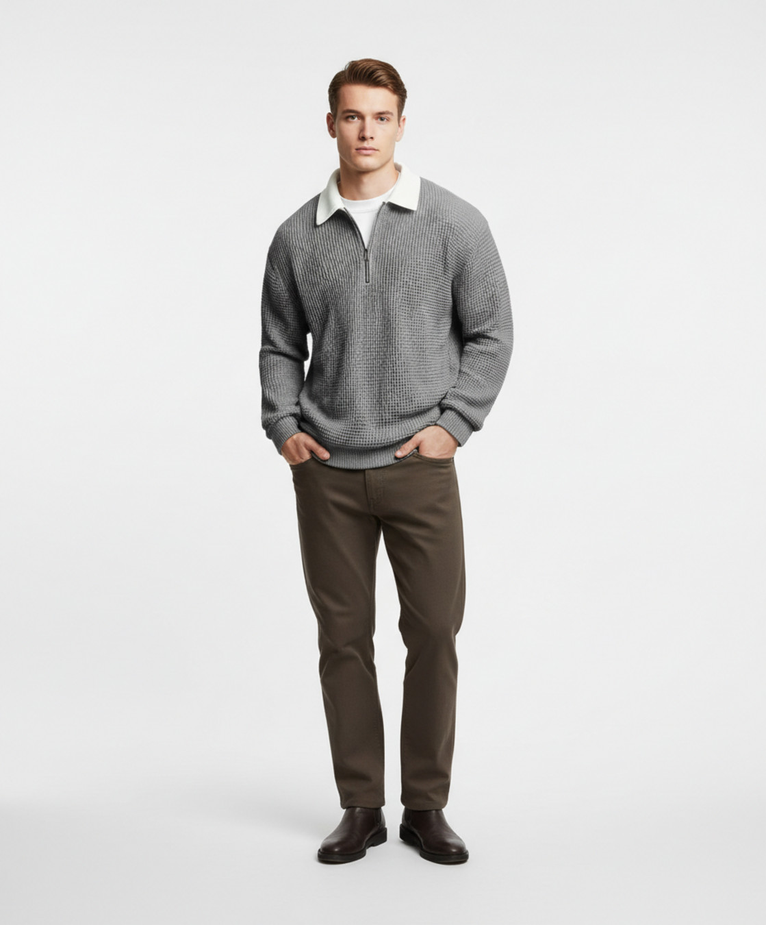 Men's Waffle Knit Long Sleeve Polo Shirt - Casual Autumn Zipper Pullover NDF-00012