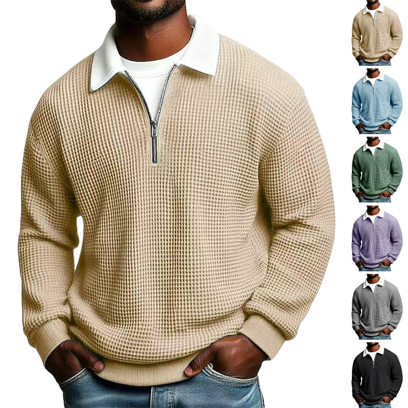 Men's Waffle Knit Long Sleeve Polo Shirt - Casual Autumn Zipper Pullover NDF-00012