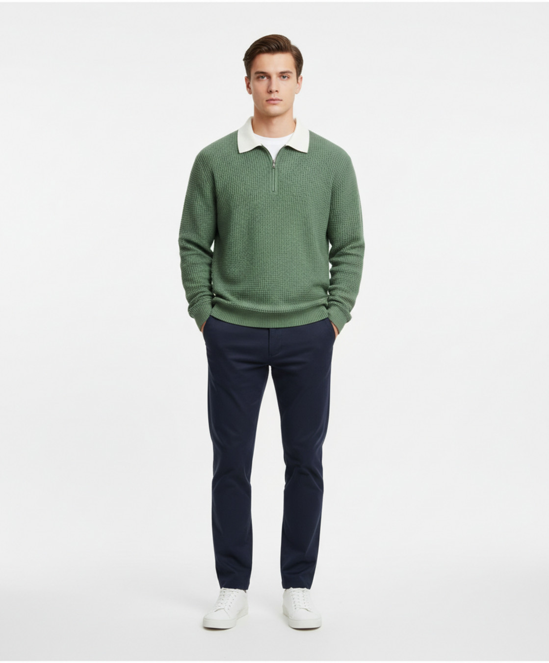 Men's Waffle Knit Long Sleeve Polo Shirt - Casual Autumn Zipper Pullover NDF-00012