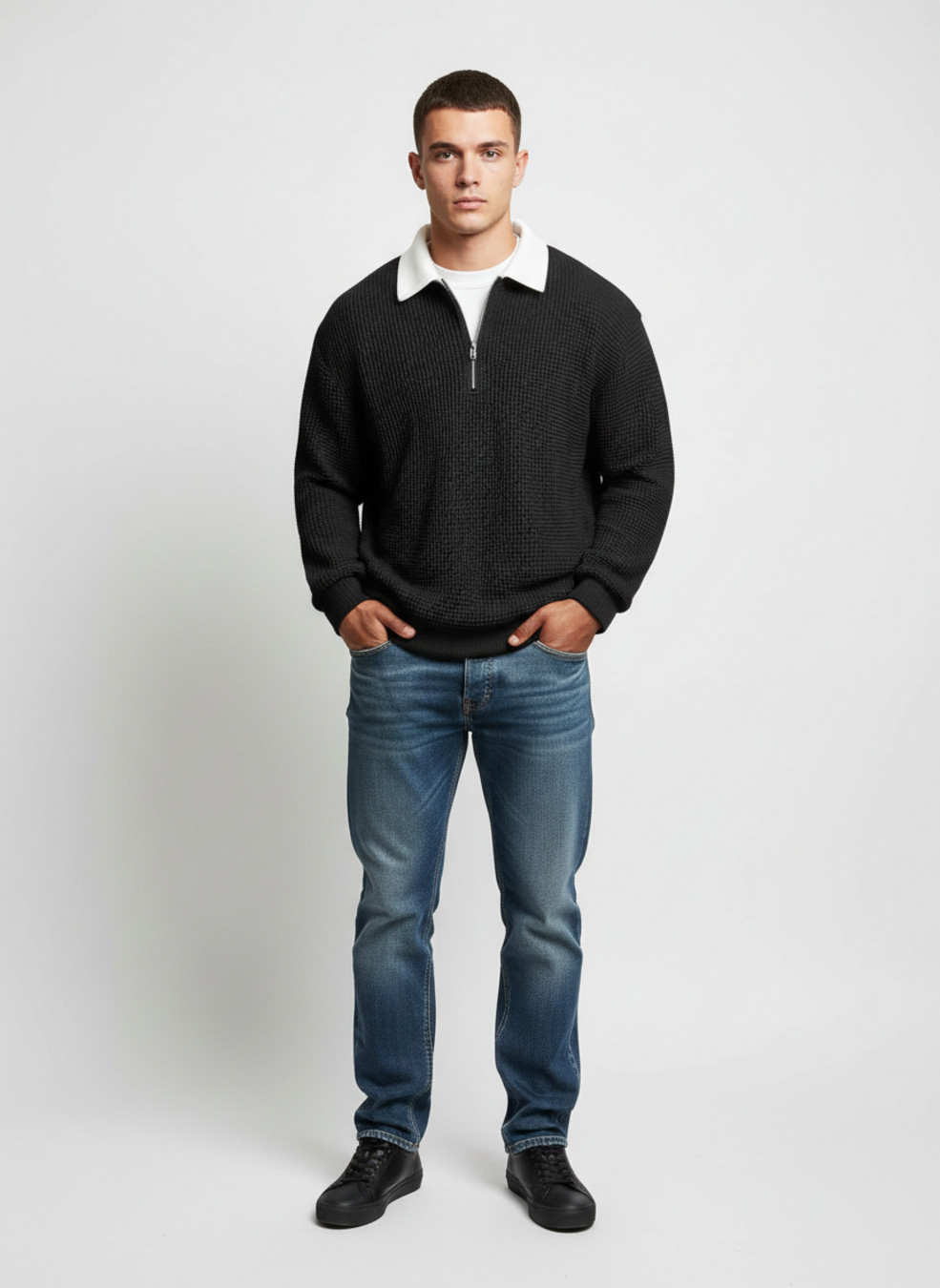 Men's Waffle Knit Long Sleeve Polo Shirt - Casual Autumn Zipper Pullover NDF-00012