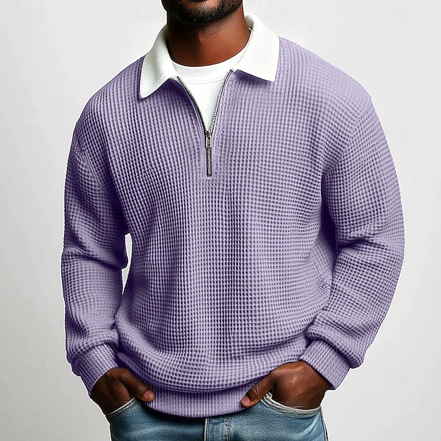 Men's Waffle Knit Long Sleeve Polo Shirt - Casual Autumn Zipper Pullover NDF-00012