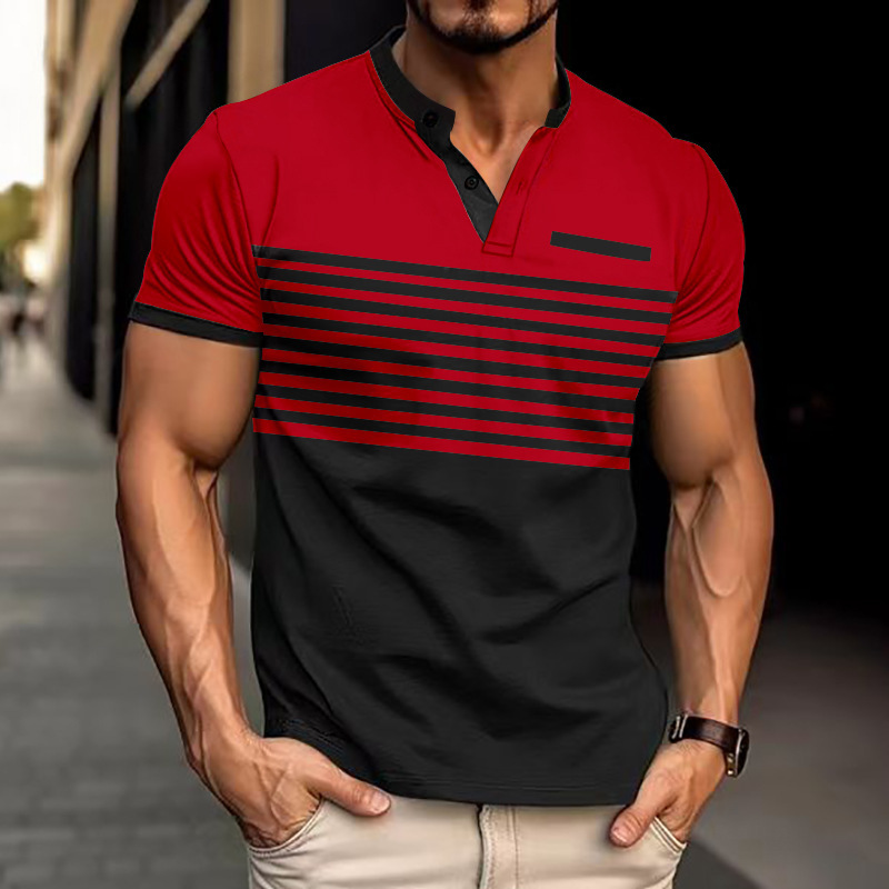Men's Casual Polo Shirt V-Neck Striped Color Block T-Shirt NDF-00014