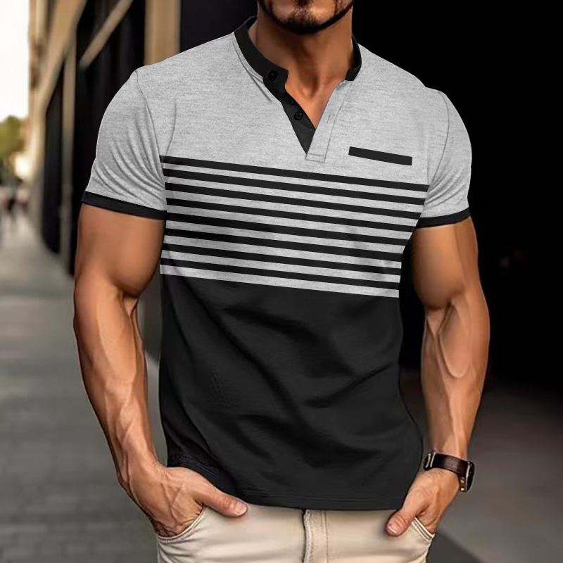Men's Casual Polo Shirt V-Neck Striped Color Block T-Shirt NDF-00014