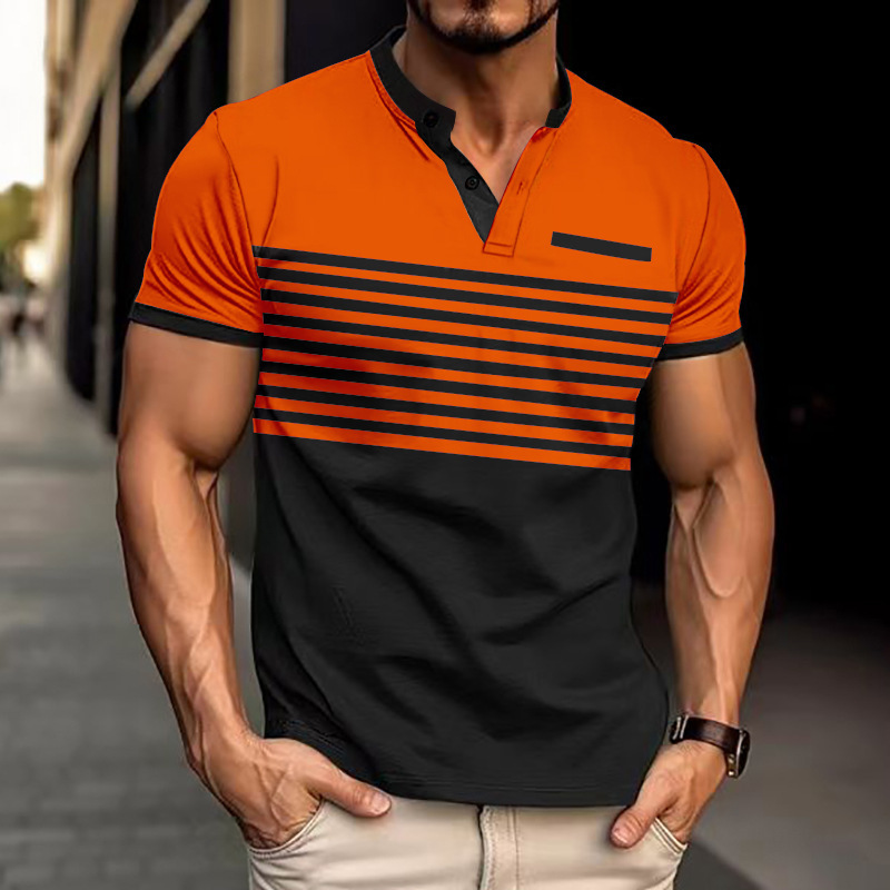 Men's Casual Polo Shirt V-Neck Striped Color Block T-Shirt NDF-00014