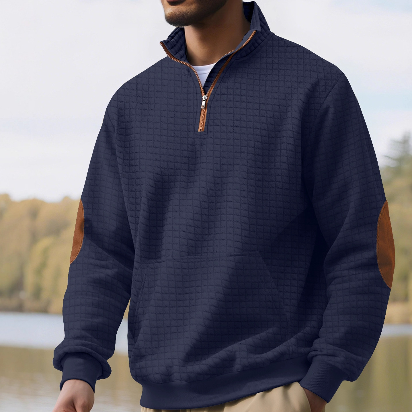 Fleece Men's Casual Sweatshirt Plaid Zip-Up Suede Embroidered NDF-00008