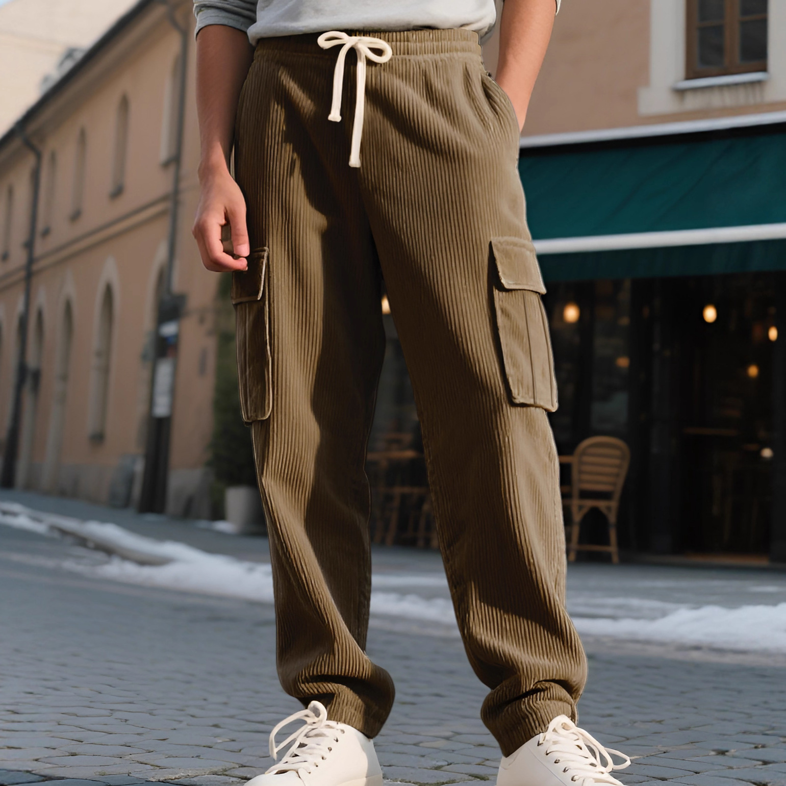 Corduroy Relaxed Fit Straight Leg Cargo Pants Men Vintage Style NDF-00018