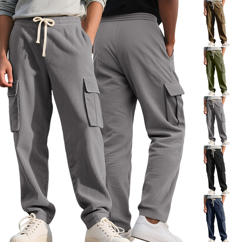 Corduroy Relaxed Fit Straight Leg Cargo Pants Men Vintage Style NDF-00018