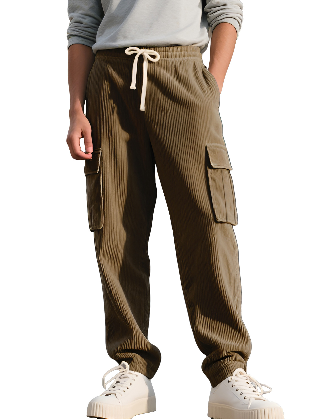 Corduroy Relaxed Fit Straight Leg Cargo Pants Men Vintage Style NDF-00018