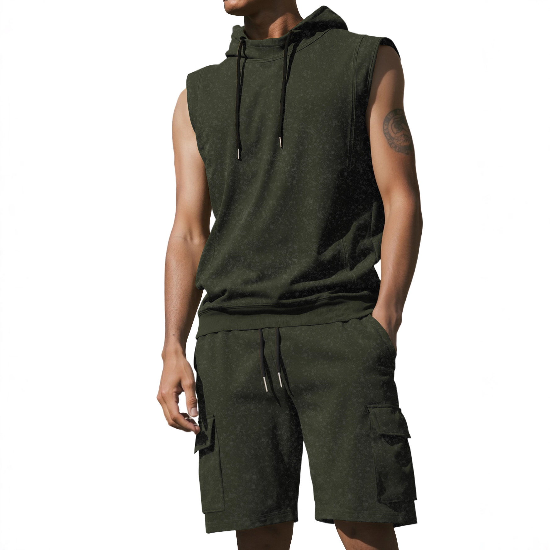 Distressed Athletic Shorts Hoodie Set - Sleeveless Men's Gym Outfit NDF-00044
