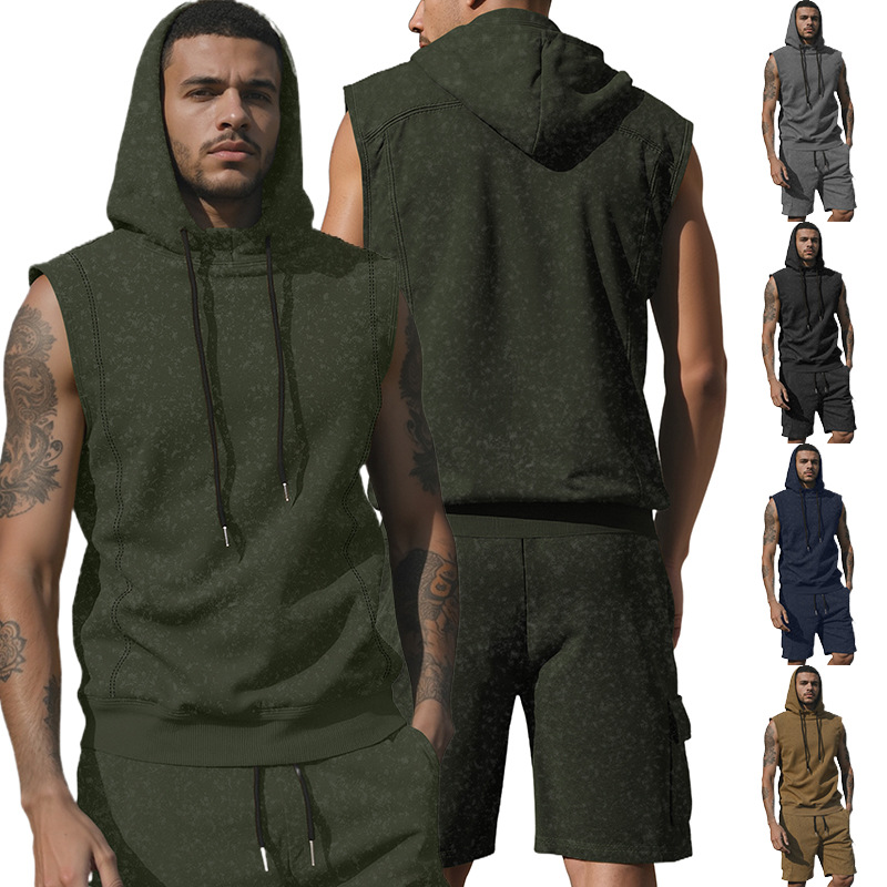 Distressed Athletic Shorts Hoodie Set - Sleeveless Men's Gym Outfit NDF-00044