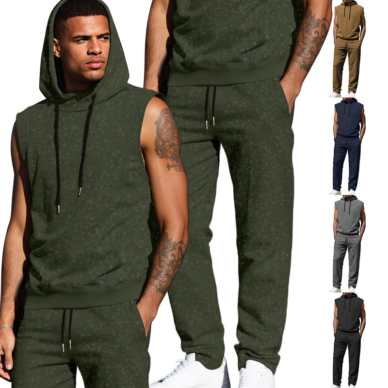 Men's Floral Sleeveless Hoodie Pants Set - Streetwear Fashion NDF-00045
