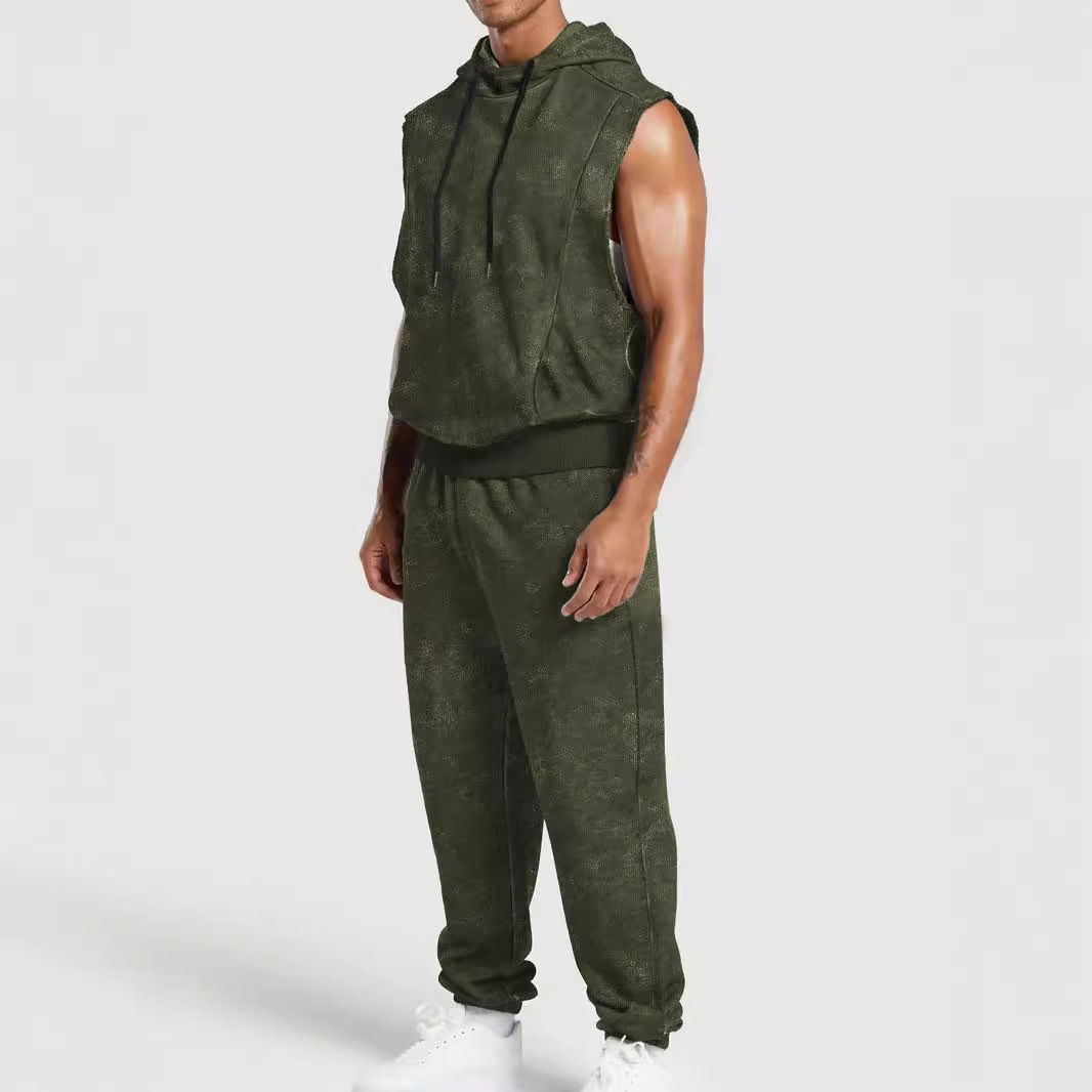 Men's Floral Sleeveless Hoodie Pants Set - Streetwear Fashion NDF-00045