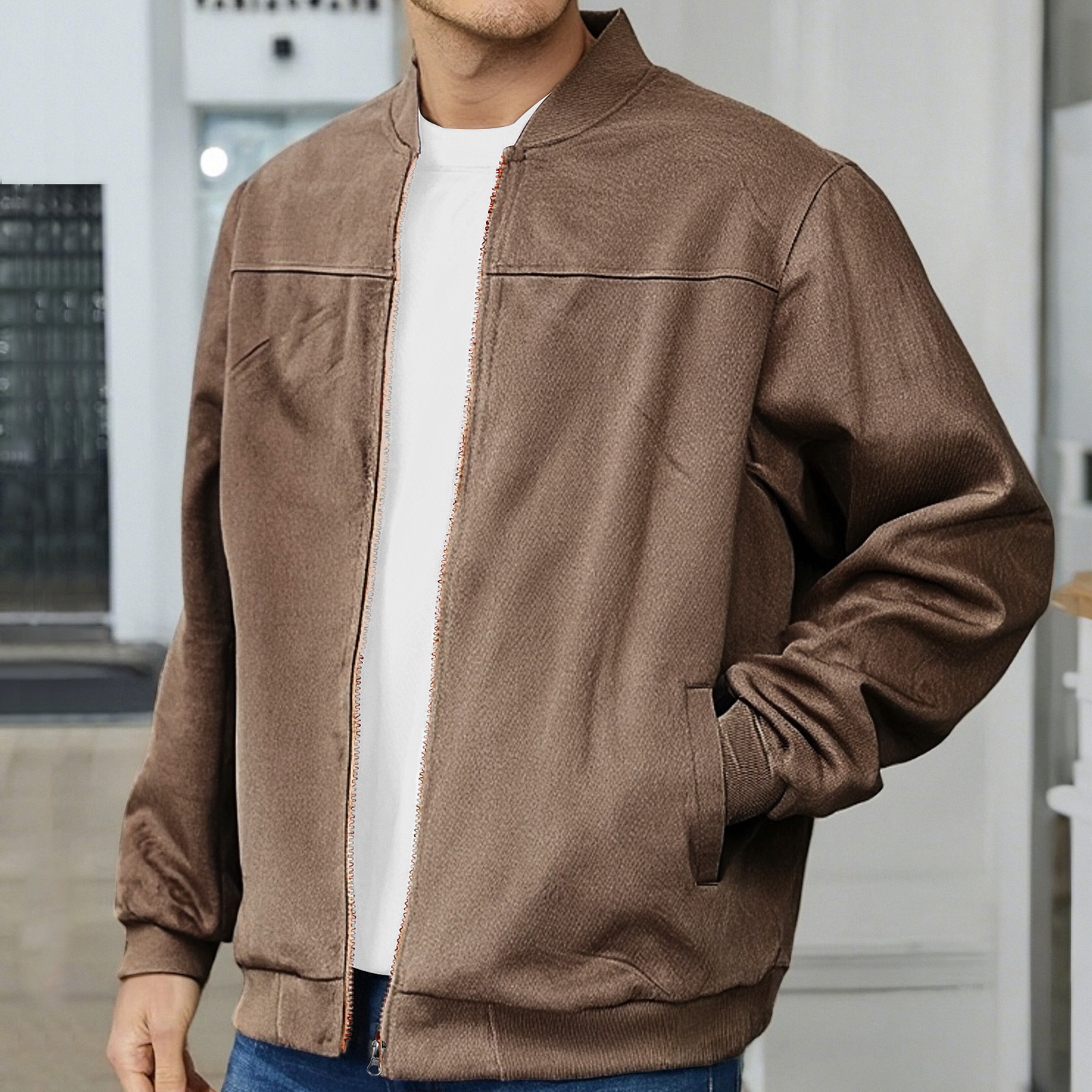 Suede Zip Up Jacket Men's Casual Retro Long Sleeve Cardigan NDF-00010