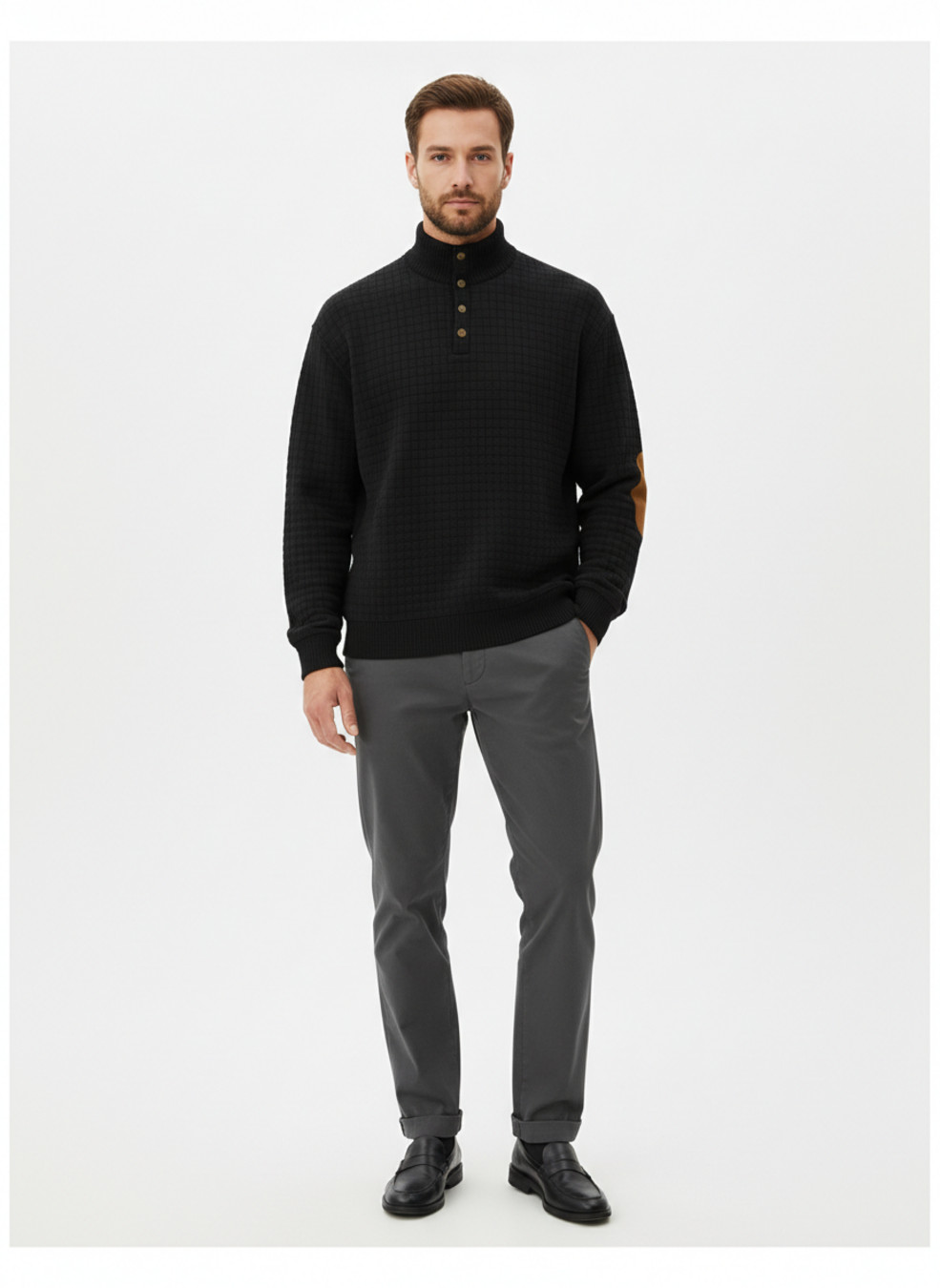 Men's Jacquard Knit Henley Sweatshirt - European Fit Fall Pullover NDF-00016