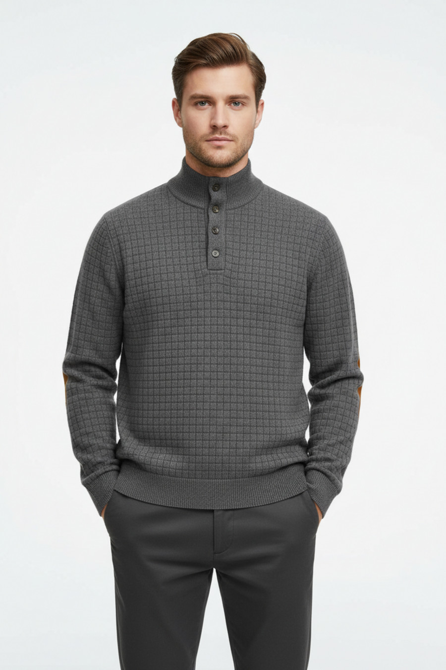 Men's Jacquard Knit Henley Sweatshirt - European Fit Fall Pullover NDF-00016