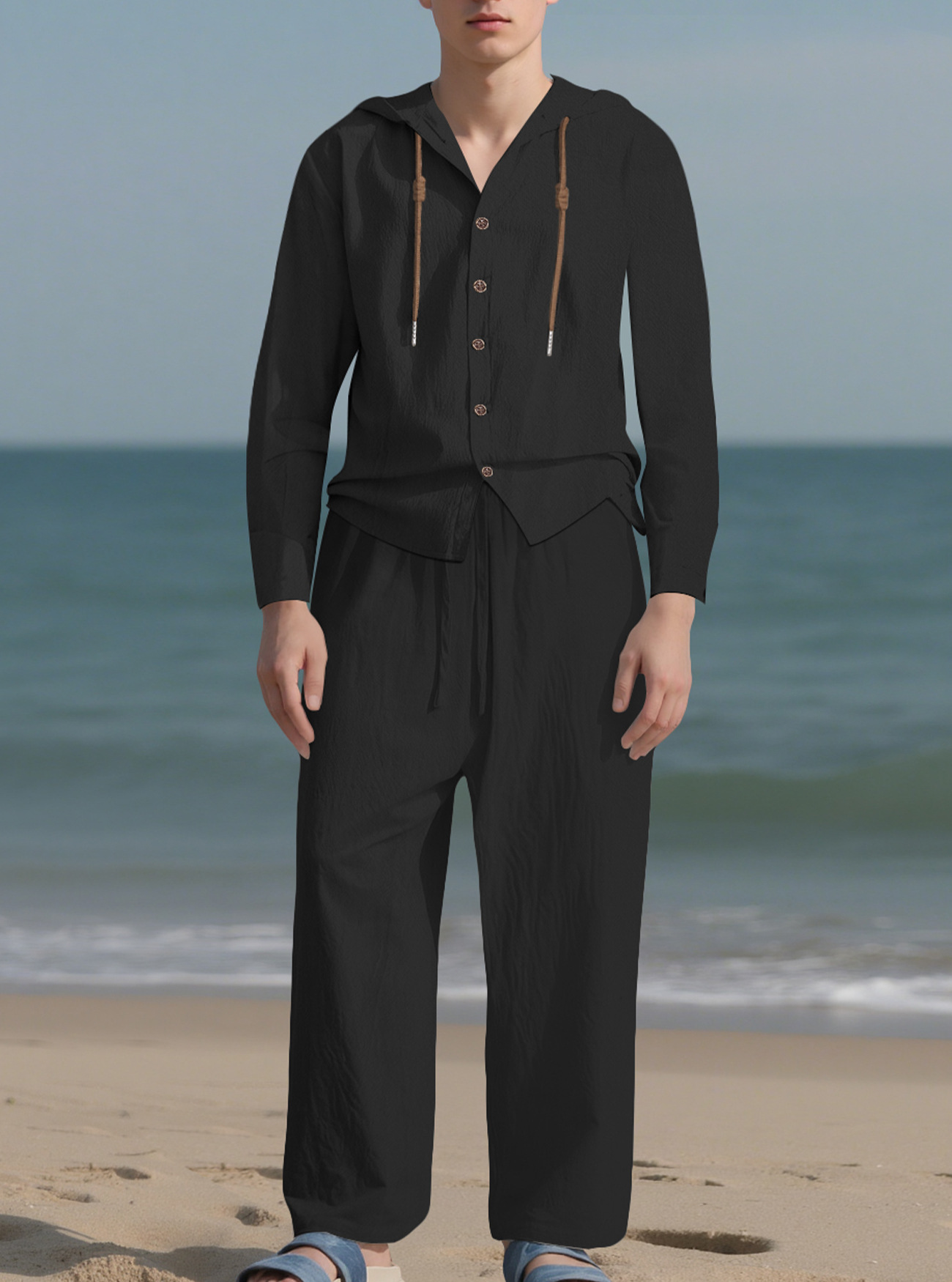 Linen Men's Casual Long Sleeve Shirt & Pants Set - Drawstring Hoodie NDF-00049