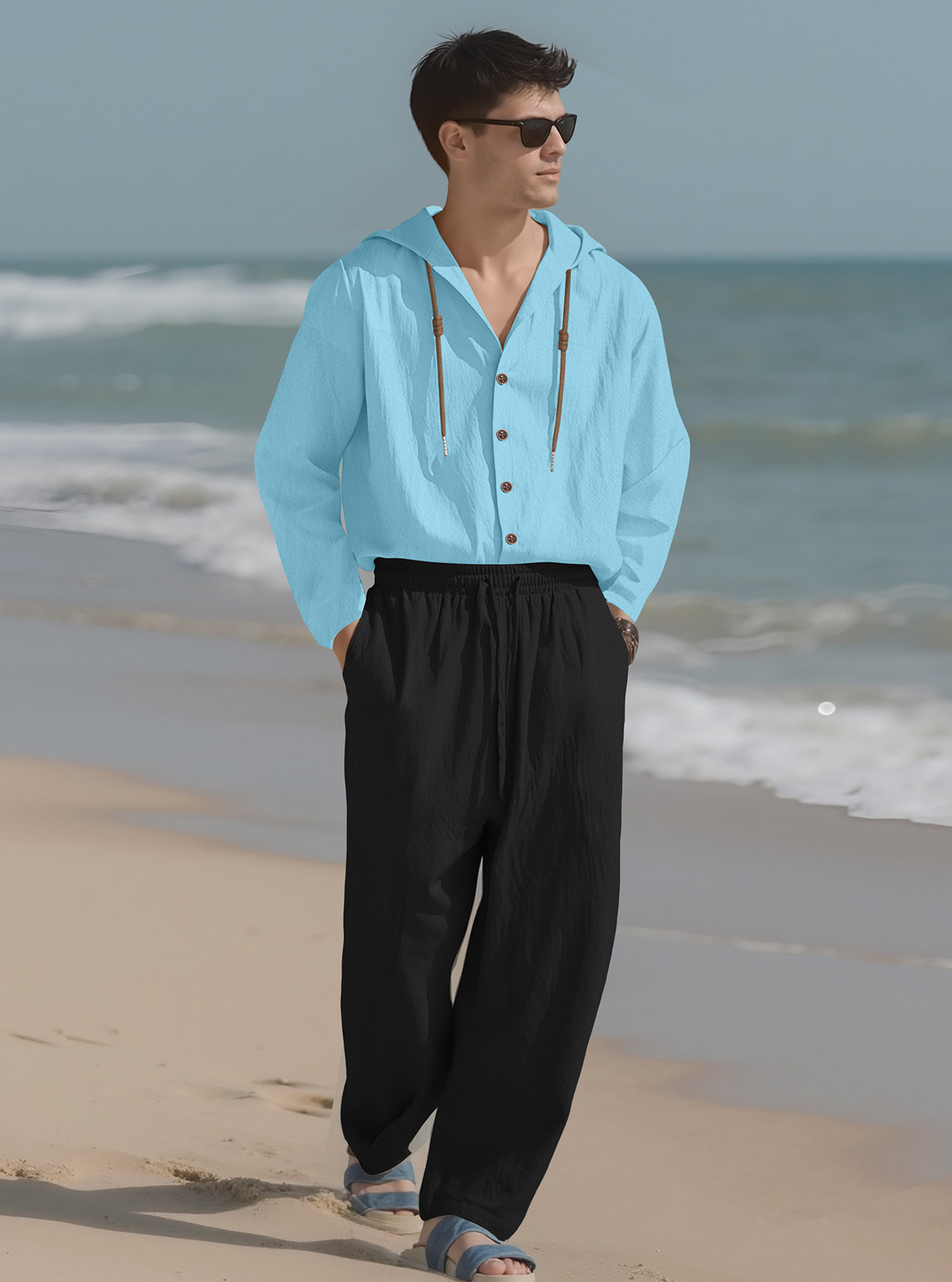 Linen Men's Casual Long Sleeve Shirt & Pants Set - Drawstring Hoodie NDF-00049