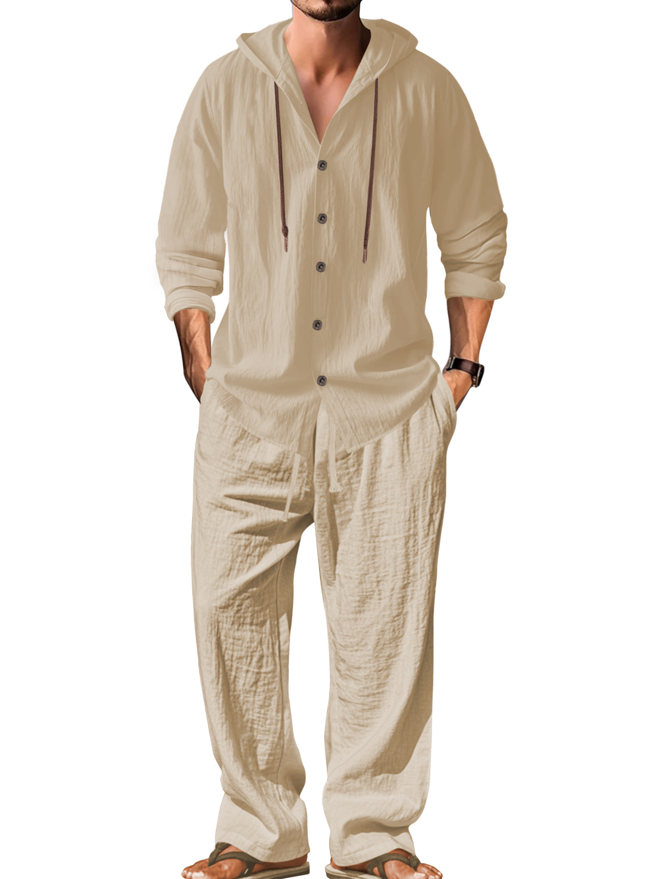 Linen Men's Casual Long Sleeve Shirt & Pants Set - Drawstring Hoodie NDF-00049