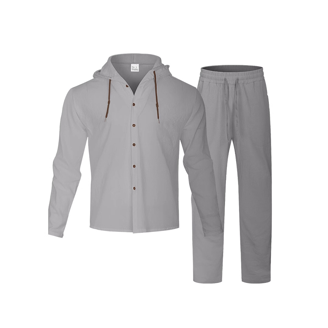 Linen Men's Casual Long Sleeve Shirt & Pants Set - Drawstring Hoodie NDF-00049