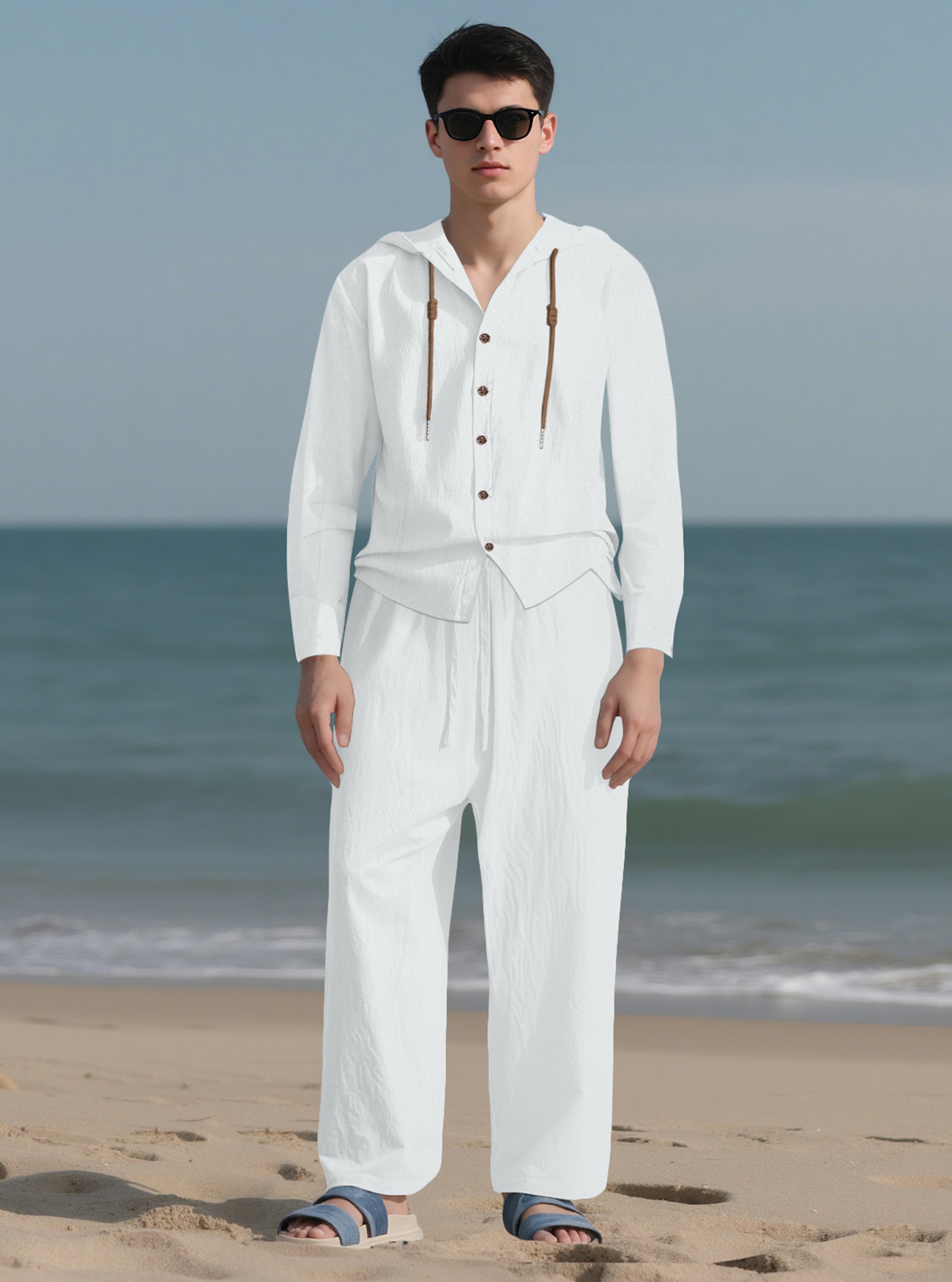 Linen Men's Casual Long Sleeve Shirt & Pants Set - Drawstring Hoodie NDF-00049